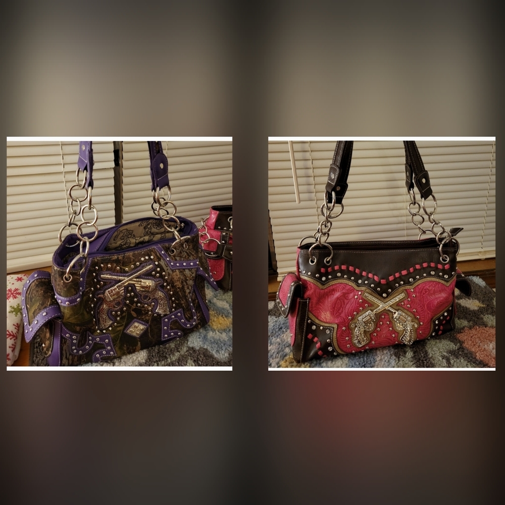 2 purses. Cowgirl trendy purple/camo purse and pink purse. Final price drop.